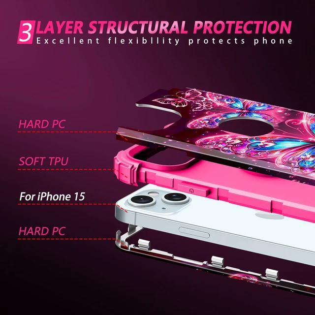 Alt view image 3 of 7 - Compatible with iPhone 15 Case,Glow in The Dark Three Layer Heavy Duty Shockproof Hard Plastic Bumper+Soft Silicone Protective Case for Apple iPhone 15,Deep Pink