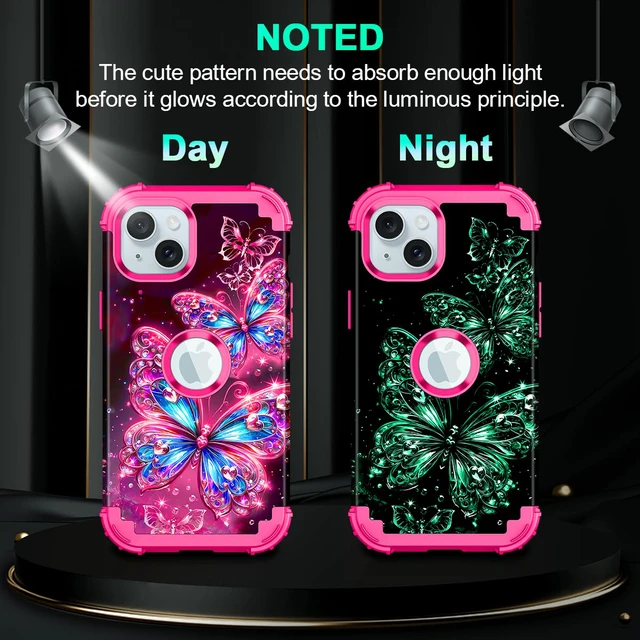 Alt view image 2 of 7 - Compatible with iPhone 15 Case,Glow in The Dark Three Layer Heavy Duty Shockproof Hard Plastic Bumper+Soft Silicone Protective Case for Apple iPhone 15,Deep Pink