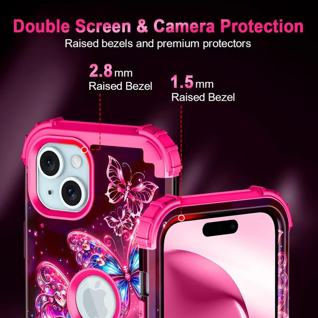 Alt view image 5 of 7 - Compatible with iPhone 15 Case,Glow in The Dark Three Layer Heavy Duty Shockproof Hard Plastic Bumper+Soft Silicone Protective Case for Apple iPhone 15,Deep Pink