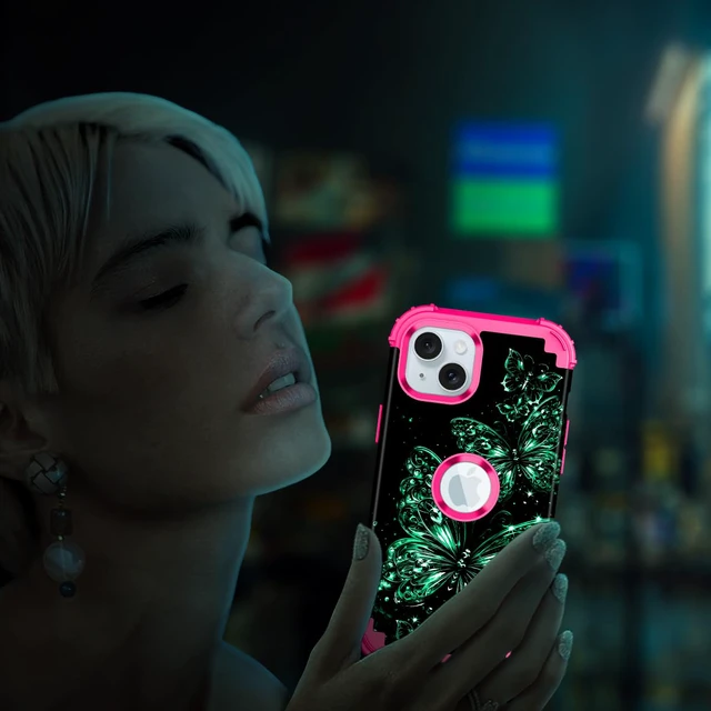 Alt view image 6 of 7 - Compatible with iPhone 15 Case,Glow in The Dark Three Layer Heavy Duty Shockproof Hard Plastic Bumper+Soft Silicone Protective Case for Apple iPhone 15,Deep Pink