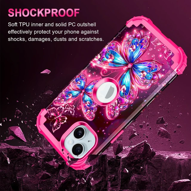 Alt view image 4 of 7 - Compatible with iPhone 15 Case,Glow in The Dark Three Layer Heavy Duty Shockproof Hard Plastic Bumper+Soft Silicone Protective Case for Apple iPhone 15,Deep Pink