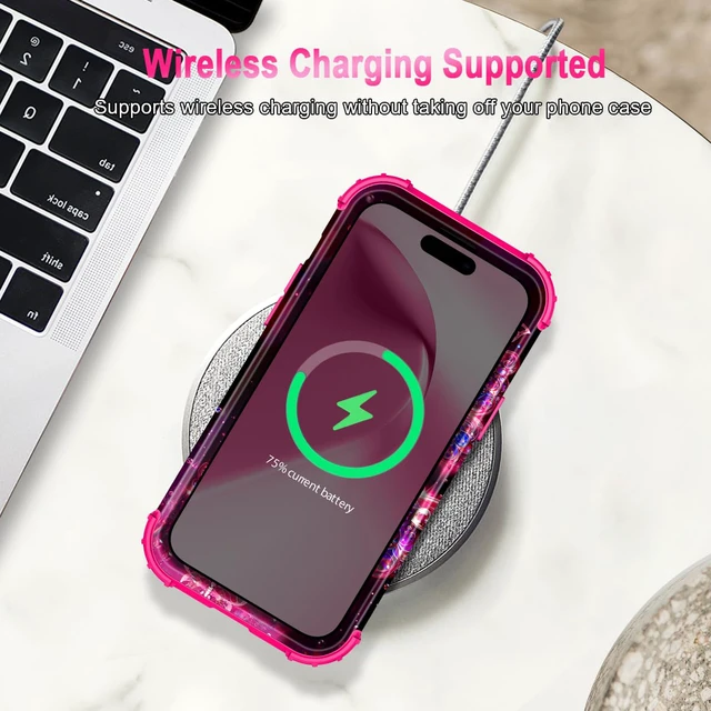 Alt view image 7 of 7 - Compatible with iPhone 15 Case,Glow in The Dark Three Layer Heavy Duty Shockproof Hard Plastic Bumper+Soft Silicone Protective Case for Apple iPhone 15,Deep Pink