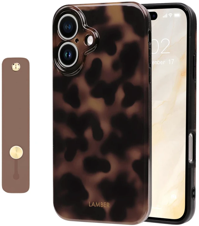Main image of Compatible with iPhone 16 Case Cute Leopard Tortoise Wrist - Brown | Strap design, Aesthetic amber, For girls women men, Girly, Soft TPU, Full camera lens, Protective, Shockproof phone cover