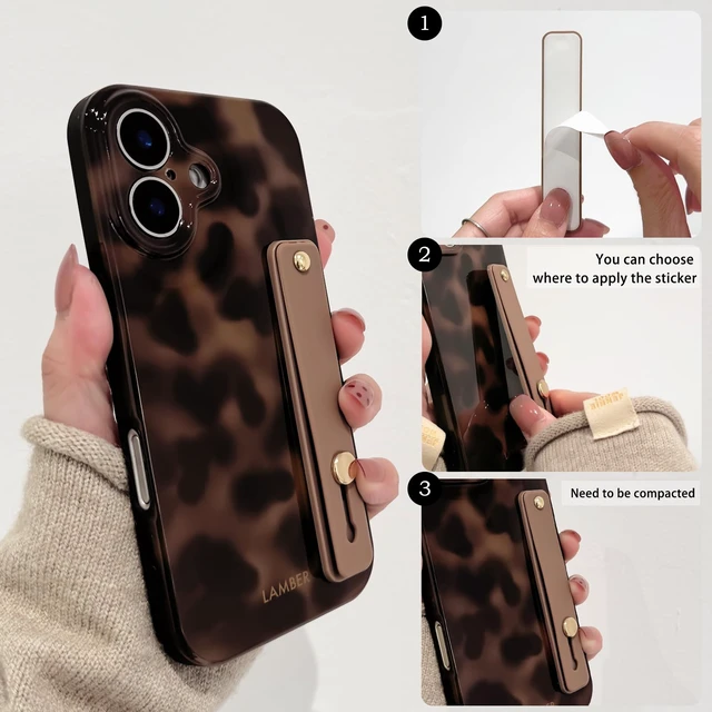 Alt view image 2 of 7 - Compatible with iPhone 16 Case Cute Leopard Tortoise Wrist - Brown | Strap design, Aesthetic amber, For girls women men, Girly, Soft TPU, Full camera lens, Protective, Shockproof phone cover