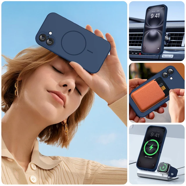 Alt view image 6 of 7 - Silicone & Magnetic for iPhone 16 Case, Dark Blue | Compatible with MagSafe, Anti-Scratch Microfiber Lining, Liquid Silicone Case Shockproof Drop Protection Phone Case for 16