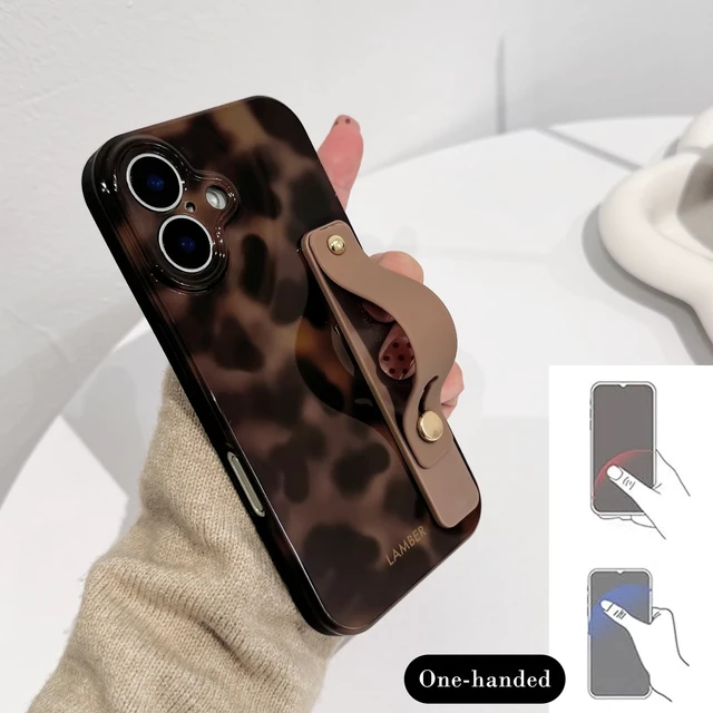 Alt view image 4 of 7 - Compatible with iPhone 16 Case Cute Leopard Tortoise Wrist - Brown | Strap design, Aesthetic amber, For girls women men, Girly, Soft TPU, Full camera lens, Protective, Shockproof phone cover