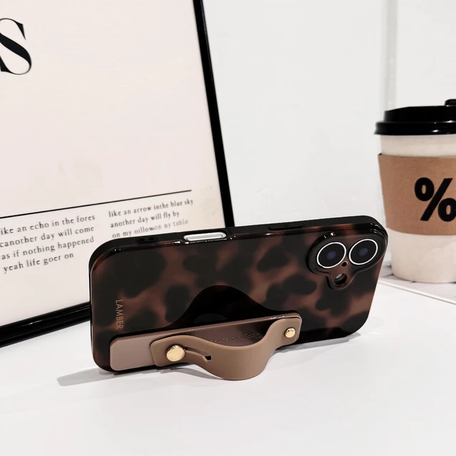 Alt view image 6 of 7 - Compatible with iPhone 16 Case Cute Leopard Tortoise Wrist - Brown | Strap design, Aesthetic amber, For girls women men, Girly, Soft TPU, Full camera lens, Protective, Shockproof phone cover