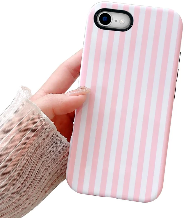 Main image of Compatible with iPhone SE /8/7 Cute Phone Case,Striped Aesthetic Pattern Design,Scratch Resistant Hybrid 2-Layer Shockproof Protective Cover for Girls Women-Pink
