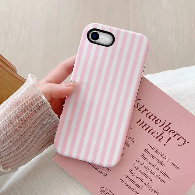Alt view image 2 of 6 - Compatible with iPhone SE /8/7 Cute Phone Case,Striped Aesthetic Pattern Design,Scratch Resistant Hybrid 2-Layer Shockproof Protective Cover for Girls Women-Pink