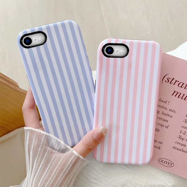 Alt view image 3 of 6 - Compatible with iPhone SE /8/7 Cute Phone Case,Striped Aesthetic Pattern Design,Scratch Resistant Hybrid 2-Layer Shockproof Protective Cover for Girls Women-Pink