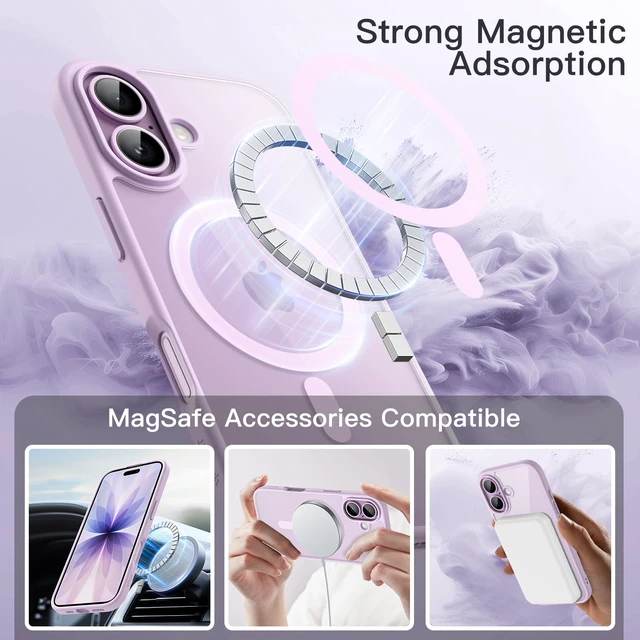 Alt view image 5 of 6 - Magnetic Case for iPhone 17, Lavender | Compatible with MagSafe, Solid Color Matte TPU Frame, Clear Back, Shockproof Bumper