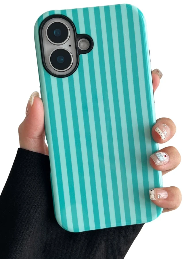 Main image of Compatible with iPhone 16 Case Cute Striped Phone Case Teal | Cute Aesthetic Stripes Phone Cover for Women Girl Shockproof Slim TPU and Hard PC Protective Cover (Teal)