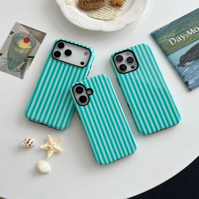 Alt view image 3 of 7 - Compatible with iPhone 16 Case Cute Striped Phone Case Teal | Cute Aesthetic Stripes Phone Cover for Women Girl Shockproof Slim TPU and Hard PC Protective Cover (Teal)