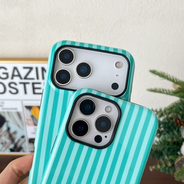Alt view image 4 of 7 - Compatible with iPhone 16 Case Cute Striped Phone Case Teal | Cute Aesthetic Stripes Phone Cover for Women Girl Shockproof Slim TPU and Hard PC Protective Cover (Teal)