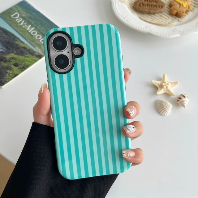 Alt view image 6 of 7 - Compatible with iPhone 16 Case Cute Striped Phone Case Teal | Cute Aesthetic Stripes Phone Cover for Women Girl Shockproof Slim TPU and Hard PC Protective Cover (Teal)