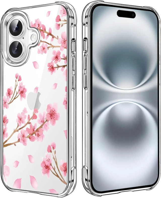 Main image of Cherry Blossom Clear Case Compatible with iPhone 16, Sakura Girls and Women Floral Back Case Cover, Pink Flower Transparent Flexible TPU Bumper Shockproof Protective Case