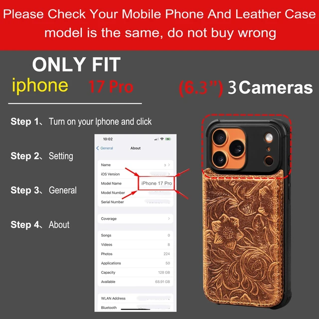 Alt view image 2 of 7 - Wallet Real Leather Case Compatible with iPhone 17 Pro 6.3" Brown | Genuine Leather,Shockproof, Anti-Fall Case,Flip Cover,with Card Slot,Double Magnetic Buckle,Kickstand,RFID Blocking Brown