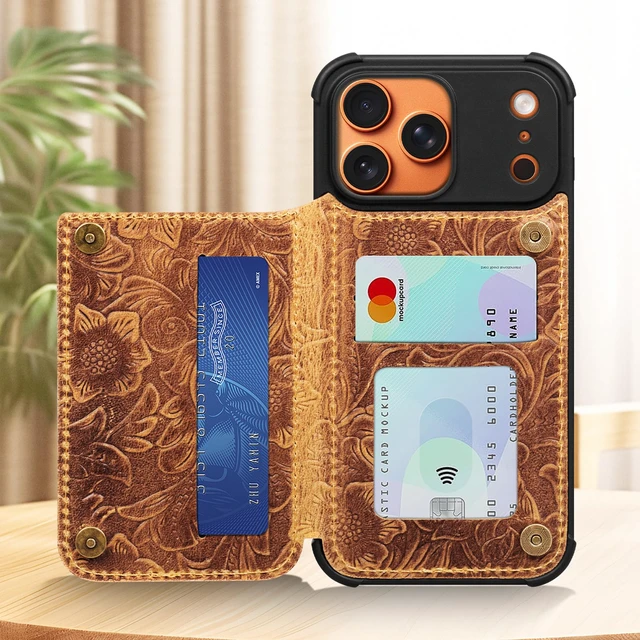 Alt view image 3 of 7 - Wallet Real Leather Case Compatible with iPhone 17 Pro 6.3" Brown | Genuine Leather,Shockproof, Anti-Fall Case,Flip Cover,with Card Slot,Double Magnetic Buckle,Kickstand,RFID Blocking Brown