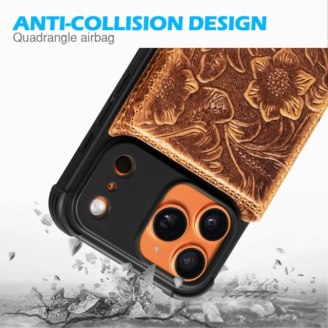 Alt view image 4 of 7 - Wallet Real Leather Case Compatible with iPhone 17 Pro 6.3" Brown | Genuine Leather,Shockproof, Anti-Fall Case,Flip Cover,with Card Slot,Double Magnetic Buckle,Kickstand,RFID Blocking Brown