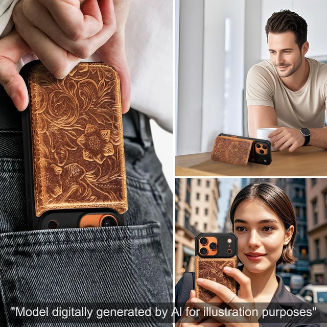 Alt view image 7 of 7 - Wallet Real Leather Case Compatible with iPhone 17 Pro 6.3" Brown | Genuine Leather,Shockproof, Anti-Fall Case,Flip Cover,with Card Slot,Double Magnetic Buckle,Kickstand,RFID Blocking Brown