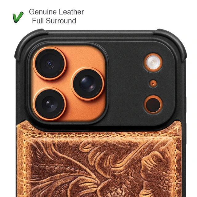 Alt view image 5 of 7 - Wallet Real Leather Case Compatible with iPhone 17 Pro 6.3" Brown | Genuine Leather,Shockproof, Anti-Fall Case,Flip Cover,with Card Slot,Double Magnetic Buckle,Kickstand,RFID Blocking Brown