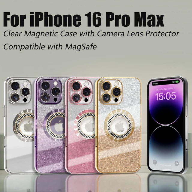 Alt view image 7 of 7 - for iPhone 16 Pro Max Magnetic Glitter Case Compatible with MagSafe,Full Protection Slim Shockproof Anti-Scratch Case with Camera Lens Protector Logo View Dust-Proof Net for Women Gold
