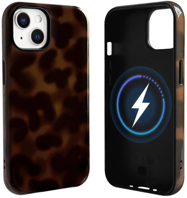 Main image of for iPhone 13/14 Case Magnetic Cute Leopard - Brown | Compatible with MagSafe, Amber tortoise pattern, For women men girls boys, Soft TPU hard PC back, Shockproof, Waterproof