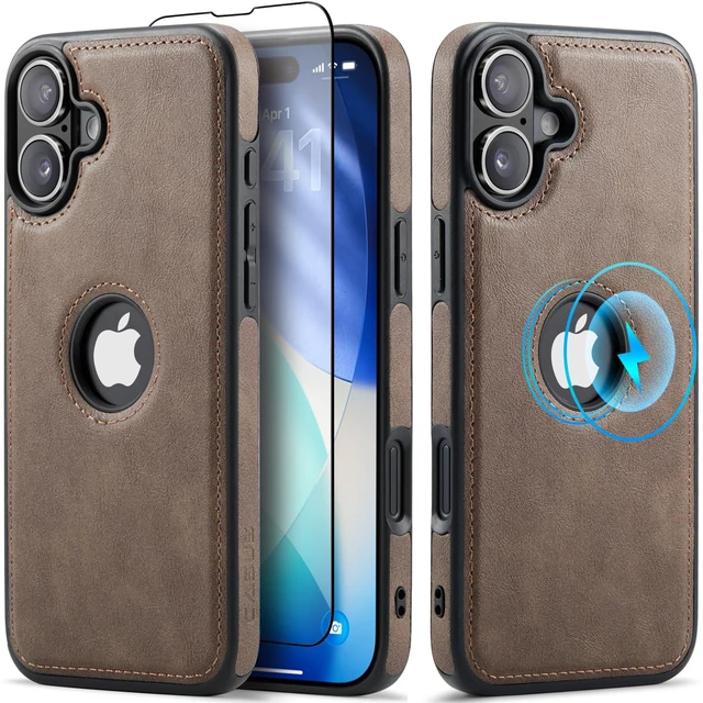 Main image of Designed for iPhone 16 Plus Case Compatible with MagSafe Leather Slim Logo View Luxury Elegant Thin Cover with Tempered Glass Screen Protector (2024 6.7"- Grey