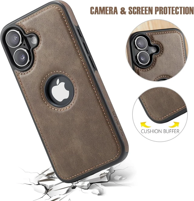 Alt view image 4 of 7 - Designed for iPhone 16 Plus Case Compatible with MagSafe Leather Slim Logo View Luxury Elegant Thin Cover with Tempered Glass Screen Protector (2024 6.7"- Grey