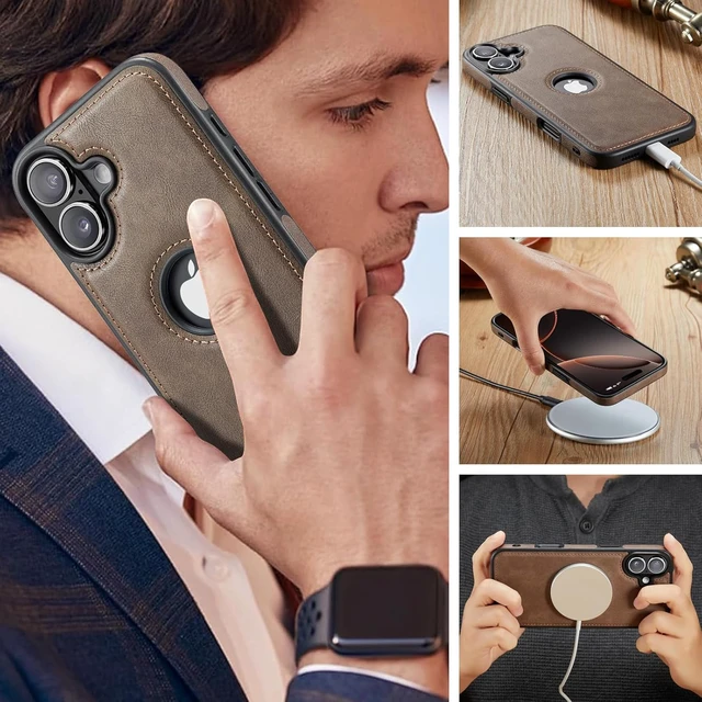 Alt view image 5 of 7 - Designed for iPhone 16 Plus Case Compatible with MagSafe Leather Slim Logo View Luxury Elegant Thin Cover with Tempered Glass Screen Protector (2024 6.7"- Grey