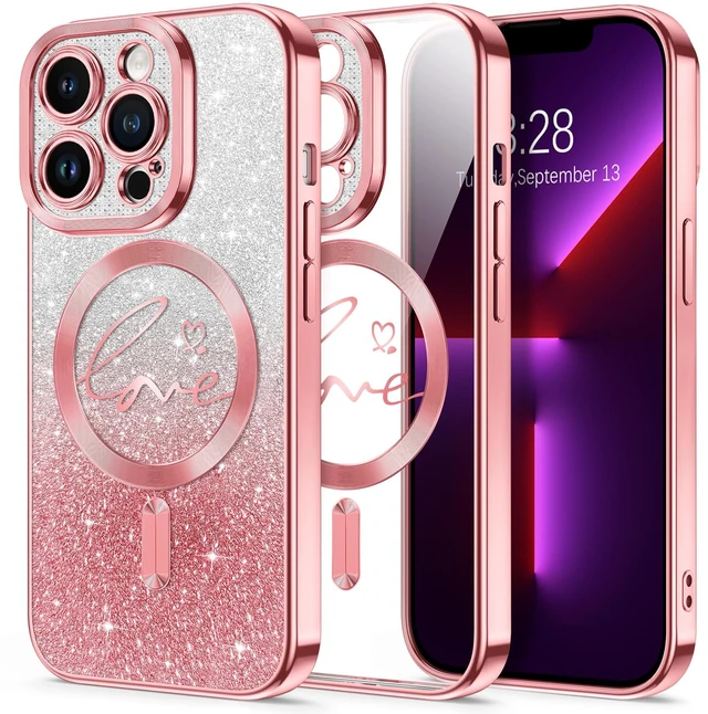 Main image of for iPhone 13 Pro Case Glitter, Compatible with MagSafe Love Heart Magnetic Clear Phone Cases for Women Girls, Full Camera Protection Sparkle Plating Shockproof Protective Cover, Pink