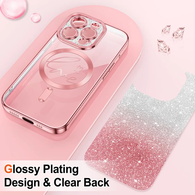 Alt view image 2 of 6 - for iPhone 13 Pro Case Glitter, Compatible with MagSafe Love Heart Magnetic Clear Phone Cases for Women Girls, Full Camera Protection Sparkle Plating Shockproof Protective Cover, Pink