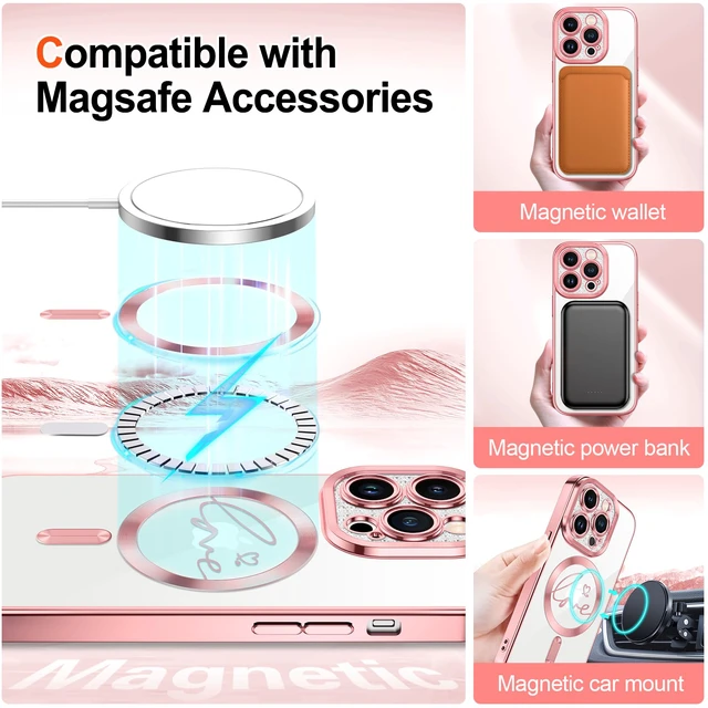Alt view image 3 of 6 - for iPhone 13 Pro Case Glitter, Compatible with MagSafe Love Heart Magnetic Clear Phone Cases for Women Girls, Full Camera Protection Sparkle Plating Shockproof Protective Cover, Pink