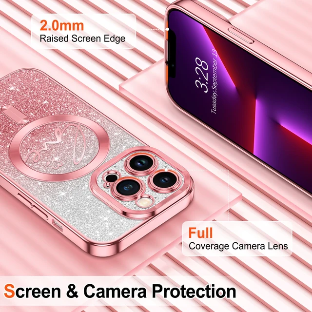 Alt view image 4 of 6 - for iPhone 13 Pro Case Glitter, Compatible with MagSafe Love Heart Magnetic Clear Phone Cases for Women Girls, Full Camera Protection Sparkle Plating Shockproof Protective Cover, Pink
