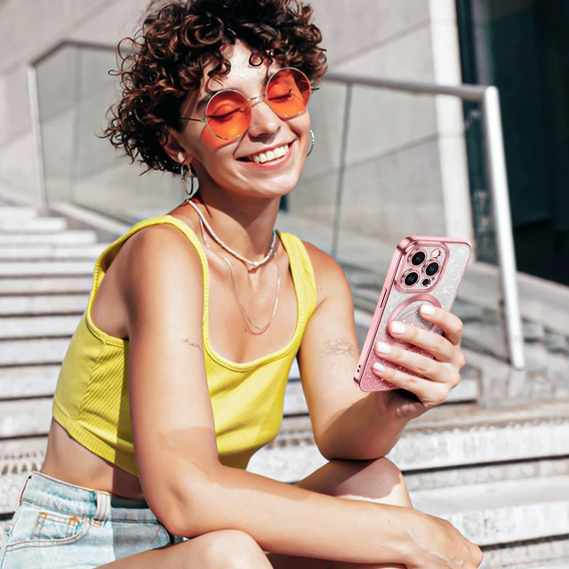 Alt view image 6 of 6 - for iPhone 13 Pro Case Glitter, Compatible with MagSafe Love Heart Magnetic Clear Phone Cases for Women Girls, Full Camera Protection Sparkle Plating Shockproof Protective Cover, Pink