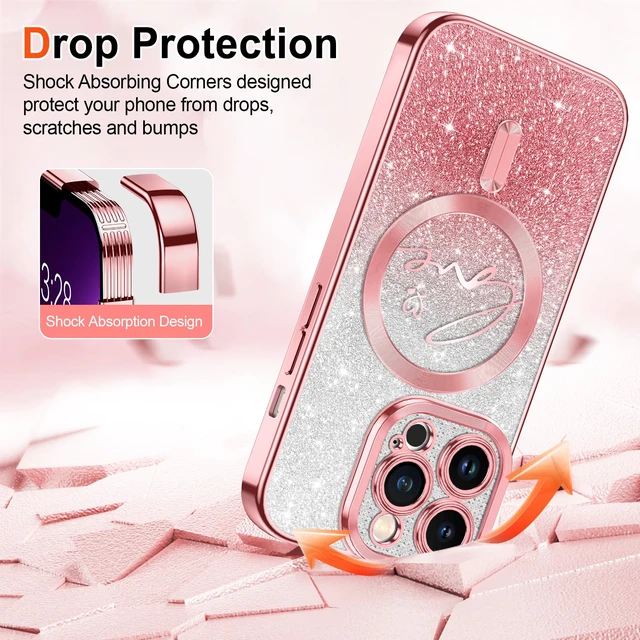Alt view image 5 of 6 - for iPhone 13 Pro Case Glitter, Compatible with MagSafe Love Heart Magnetic Clear Phone Cases for Women Girls, Full Camera Protection Sparkle Plating Shockproof Protective Cover, Pink