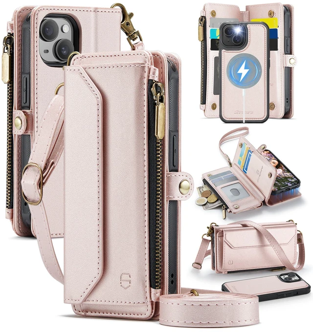 Main image of for iPhone 14 Plus Magnetic Detachable Wallet Case, Rose Gold | Compatible with Magsafe, Crossbody Wrist Strap, RFID Blocking 9-Card Holder, Zipper Pocket, PU Leather Phone Cover for Women