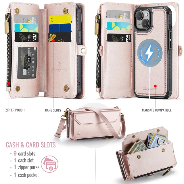 Alt view image 2 of 7 - for iPhone 14 Plus Magnetic Detachable Wallet Case, Rose Gold | Compatible with Magsafe, Crossbody Wrist Strap, RFID Blocking 9-Card Holder, Zipper Pocket, PU Leather Phone Cover for Women