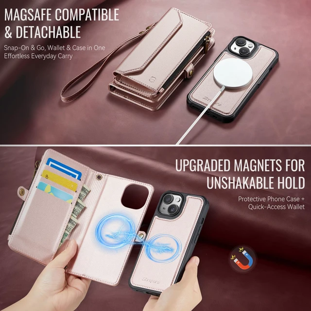 Alt view image 3 of 7 - for iPhone 14 Plus Magnetic Detachable Wallet Case, Rose Gold | Compatible with Magsafe, Crossbody Wrist Strap, RFID Blocking 9-Card Holder, Zipper Pocket, PU Leather Phone Cover for Women