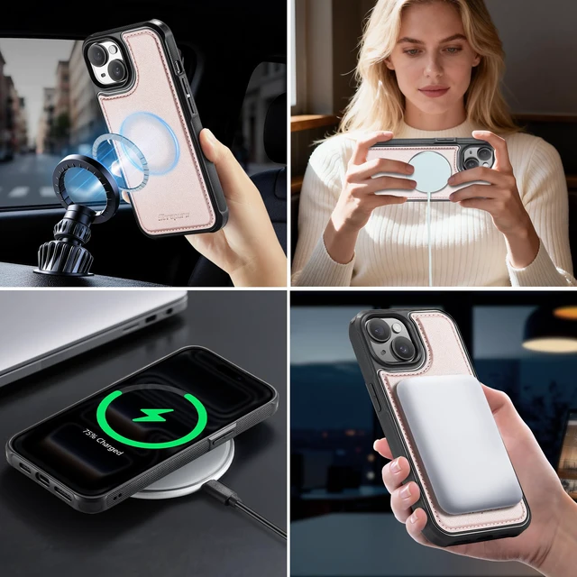 Alt view image 4 of 7 - for iPhone 14 Plus Magnetic Detachable Wallet Case, Rose Gold | Compatible with Magsafe, Crossbody Wrist Strap, RFID Blocking 9-Card Holder, Zipper Pocket, PU Leather Phone Cover for Women