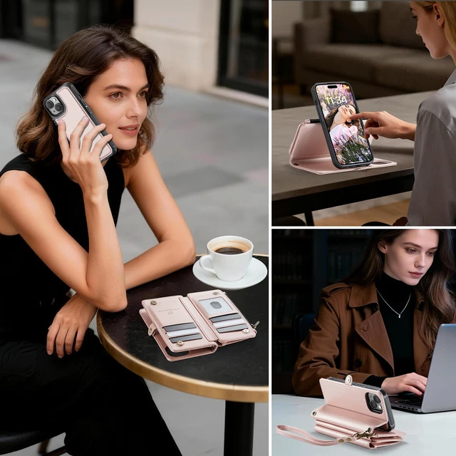 Alt view image 6 of 7 - for iPhone 14 Plus Magnetic Detachable Wallet Case, Rose Gold | Compatible with Magsafe, Crossbody Wrist Strap, RFID Blocking 9-Card Holder, Zipper Pocket, PU Leather Phone Cover for Women