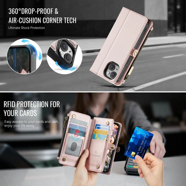 Alt view image 7 of 7 - for iPhone 14 Plus Magnetic Detachable Wallet Case, Rose Gold | Compatible with Magsafe, Crossbody Wrist Strap, RFID Blocking 9-Card Holder, Zipper Pocket, PU Leather Phone Cover for Women