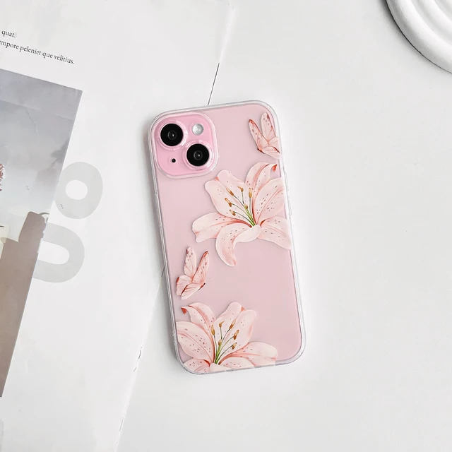 Alt view image 2 of 7 - Compatible for iPhone 15 Case Cute Clear Flower - Light Pink | Butterfly lily floral, for girls women, Aesthetic, Precision camera cutouts, Soft TPU, Shockproof, Slim fit