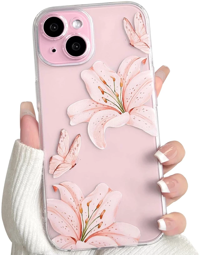 Main image of Compatible for iPhone 15 Case Cute Clear Flower - Light Pink | Butterfly lily floral, for girls women, Aesthetic, Precision camera cutouts, Soft TPU, Shockproof, Slim fit