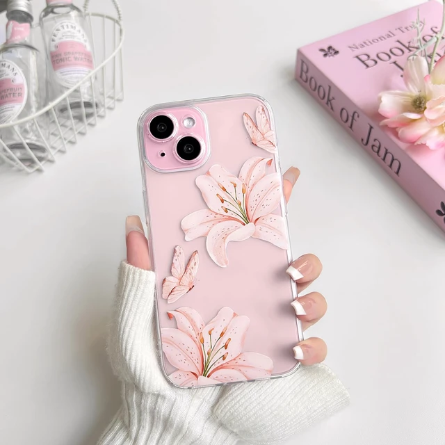 Alt view image 4 of 7 - Compatible for iPhone 15 Case Cute Clear Flower - Light Pink | Butterfly lily floral, for girls women, Aesthetic, Precision camera cutouts, Soft TPU, Shockproof, Slim fit