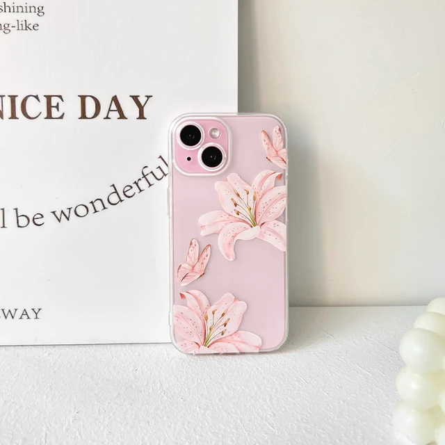 Alt view image 6 of 7 - Compatible for iPhone 15 Case Cute Clear Flower - Light Pink | Butterfly lily floral, for girls women, Aesthetic, Precision camera cutouts, Soft TPU, Shockproof, Slim fit