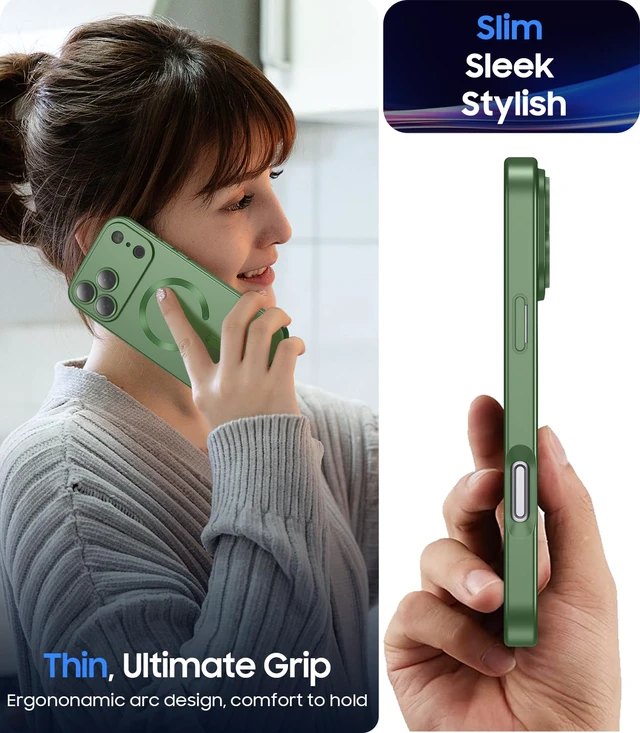 Alt view image 3 of 4 - Magnetic for iPhone 17 Pro Max Case, Compatible with MagSafe, Built-in Camera Lens Protector, Slim Thin Soft Silicone Bumper Shockproof Metallic Luster Phone Case, Green