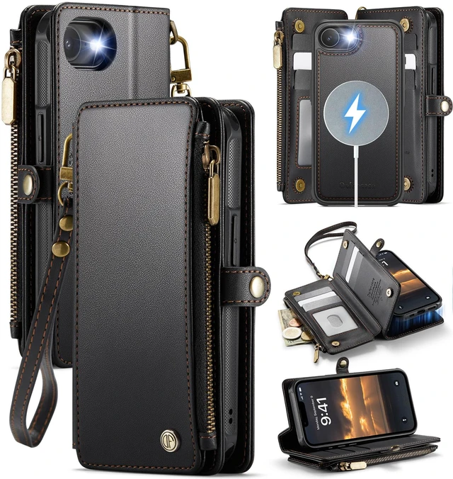 Main image of for iPhone 17e/16e Case Wallet Compatible with Magsafe, Black | Drop-Proof Magnetic Detachable Phone Cases Cover, with RFID Bolcking Card Holder, Zipper Strap, PU Leather, Removable Wallet