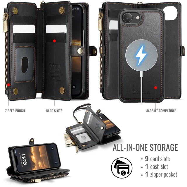 Alt view image 2 of 7 - for iPhone 17e/16e Case Wallet Compatible with Magsafe, Black | Drop-Proof Magnetic Detachable Phone Cases Cover, with RFID Bolcking Card Holder, Zipper Strap, PU Leather, Removable Wallet