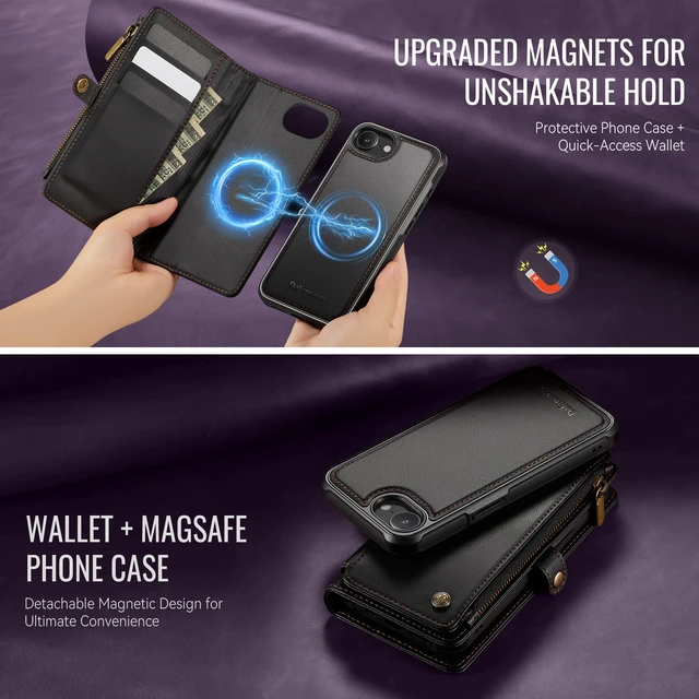 Alt view image 3 of 7 - for iPhone 17e/16e Case Wallet Compatible with Magsafe, Black | Drop-Proof Magnetic Detachable Phone Cases Cover, with RFID Bolcking Card Holder, Zipper Strap, PU Leather, Removable Wallet